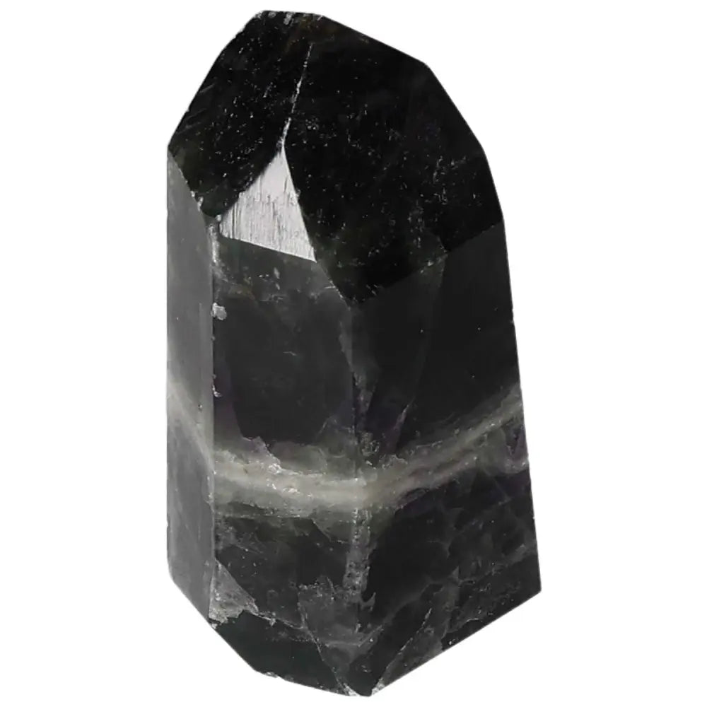 Fluorite crystal point for focus, clarity, and energy flow with vibrant green and purple bands, enhancing concentration and spiritual awareness.