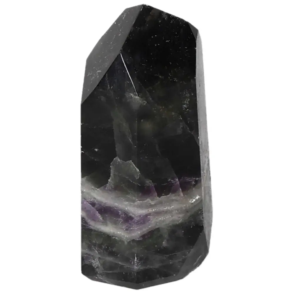 Polished Fluorite point with vibrant green and purple bands for mental clarity, focus, and energy balance.