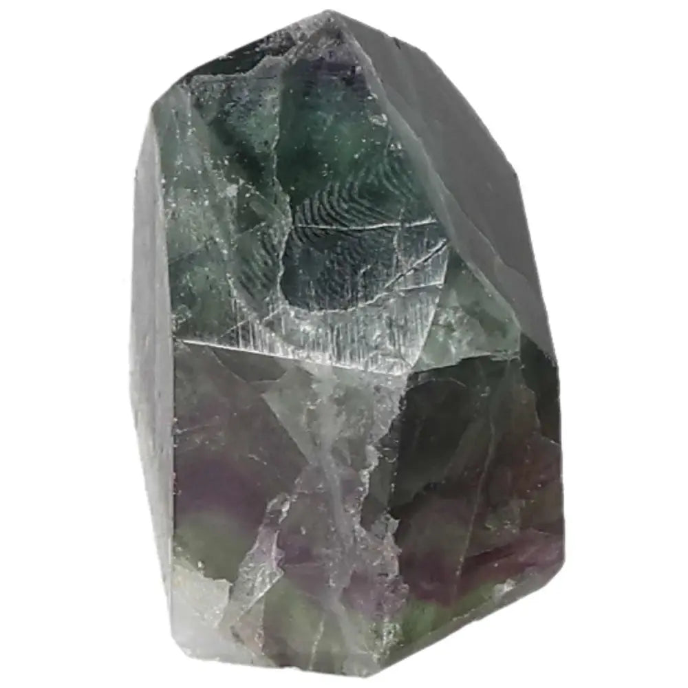 Polished Fluorite point crystal with green and purple bands for focus, clarity, and energy flow.