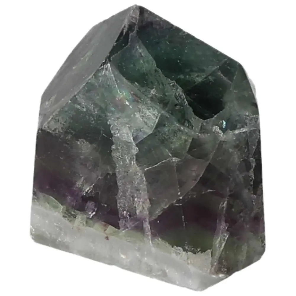 Polished fluorite point with vibrant green and purple bands for clarity, focus, and energetic balance.