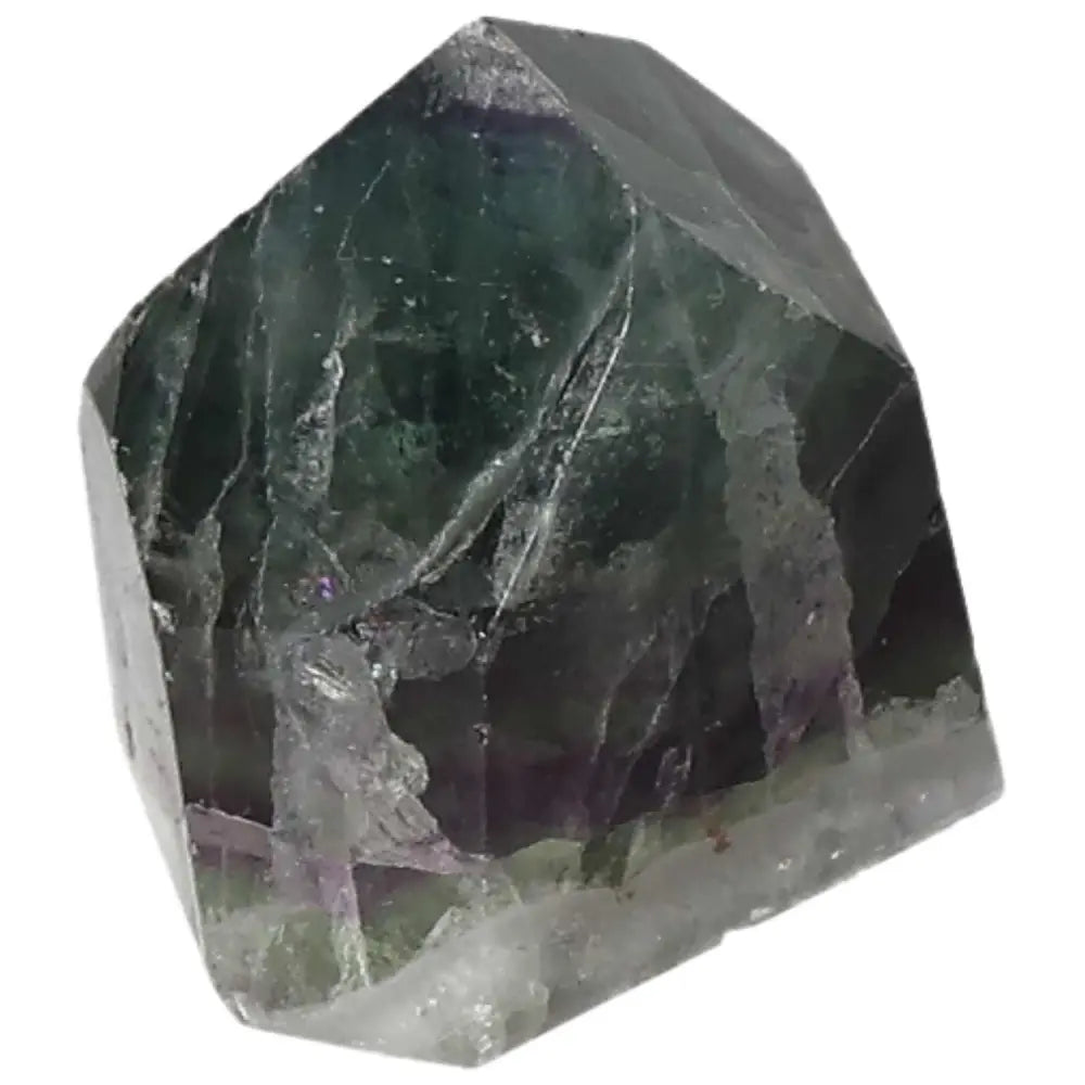 Polished Fluorite point with green and purple bands for focus, clarity, and energy flow; enhances focus and spiritual awareness.