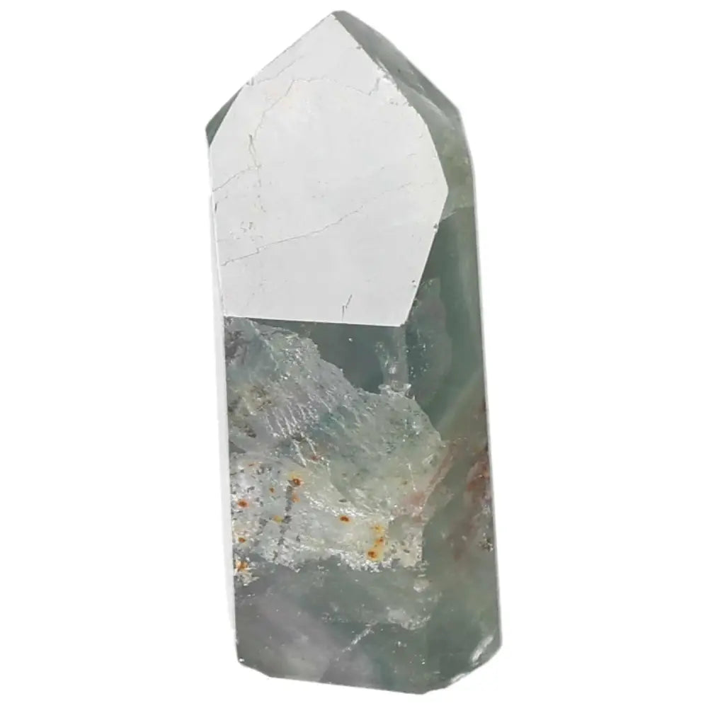 Polished fluorite point crystal with green and purple bands, enhancing focus, clarity, and energy flow. Ideal for mental clarity and stress reduction.