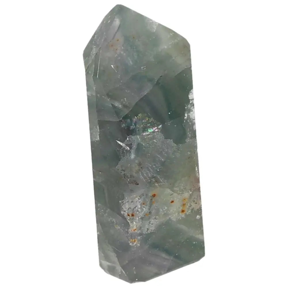 Polished Fluorite point crystal showcasing vibrant green and purple bands, ideal for enhancing focus, clarity, and energy flow.