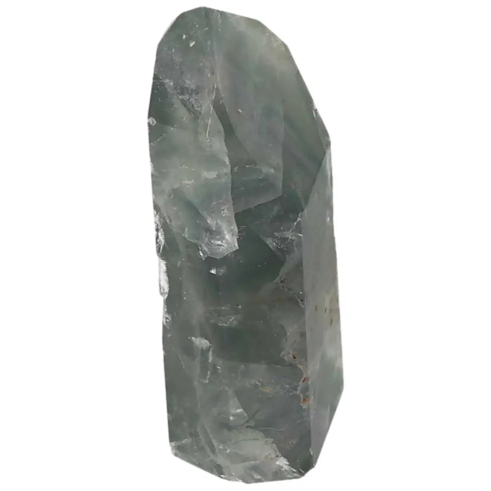 Polished Fluorite point crystal for focus, clarity, energy flow, with vibrant green and purple bands.