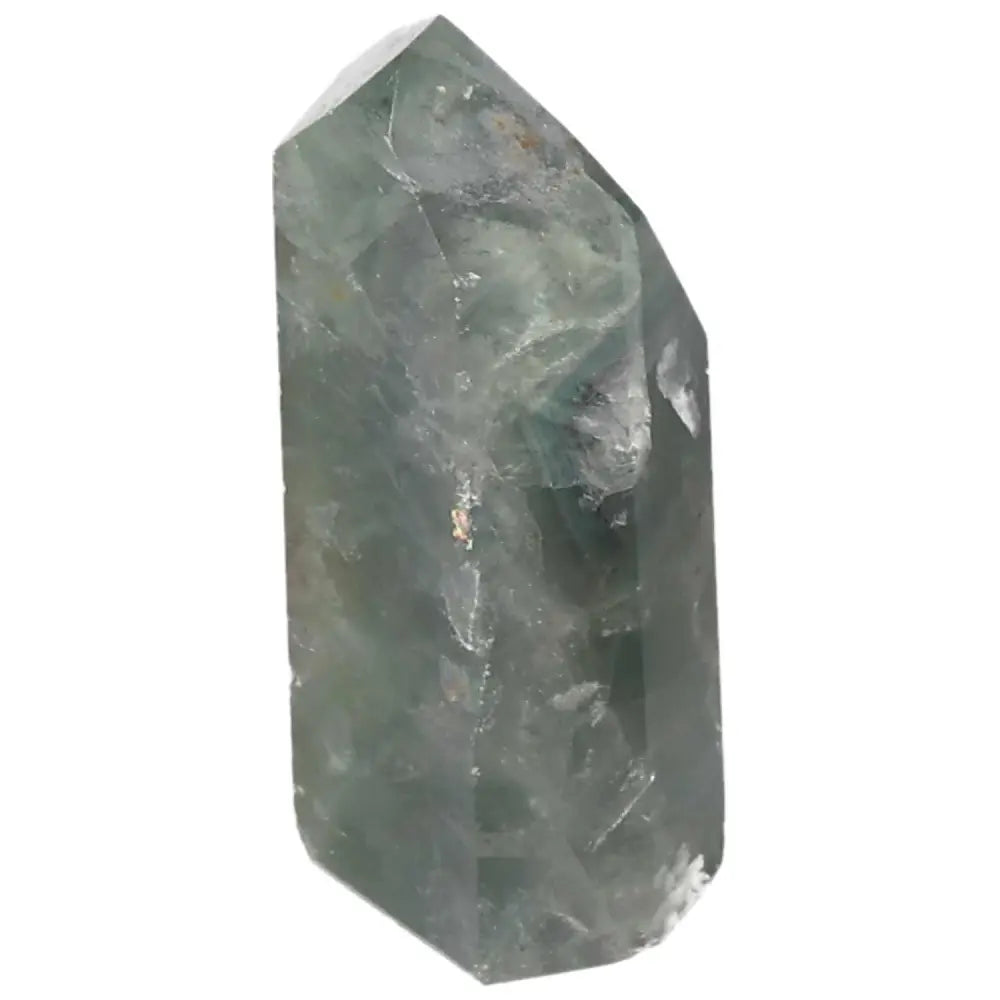 Polished fluorite point crystal for clarity and focus with green and purple bands, enhances mental energy and balance.