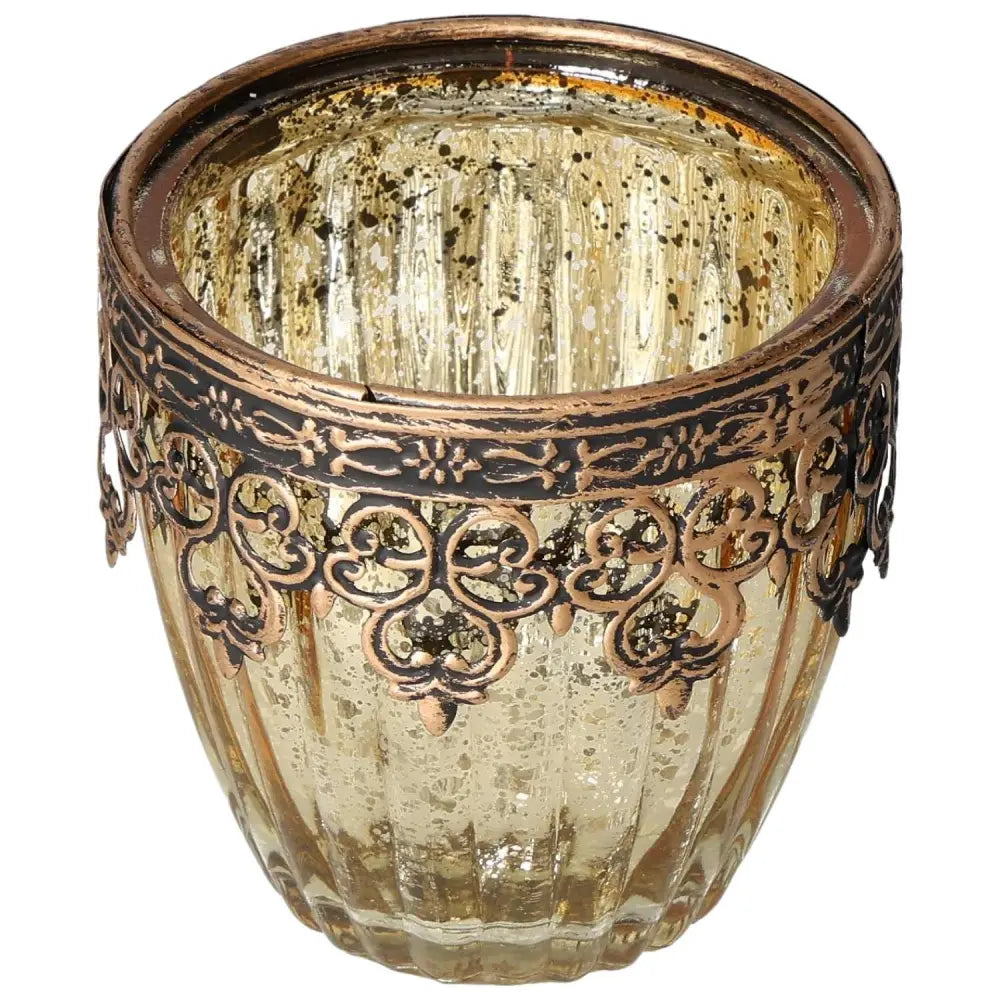 Moroccan style glass lantern with ornate metal trim, showcasing the mystical charm and elegance of Sylvia Crystals' design.