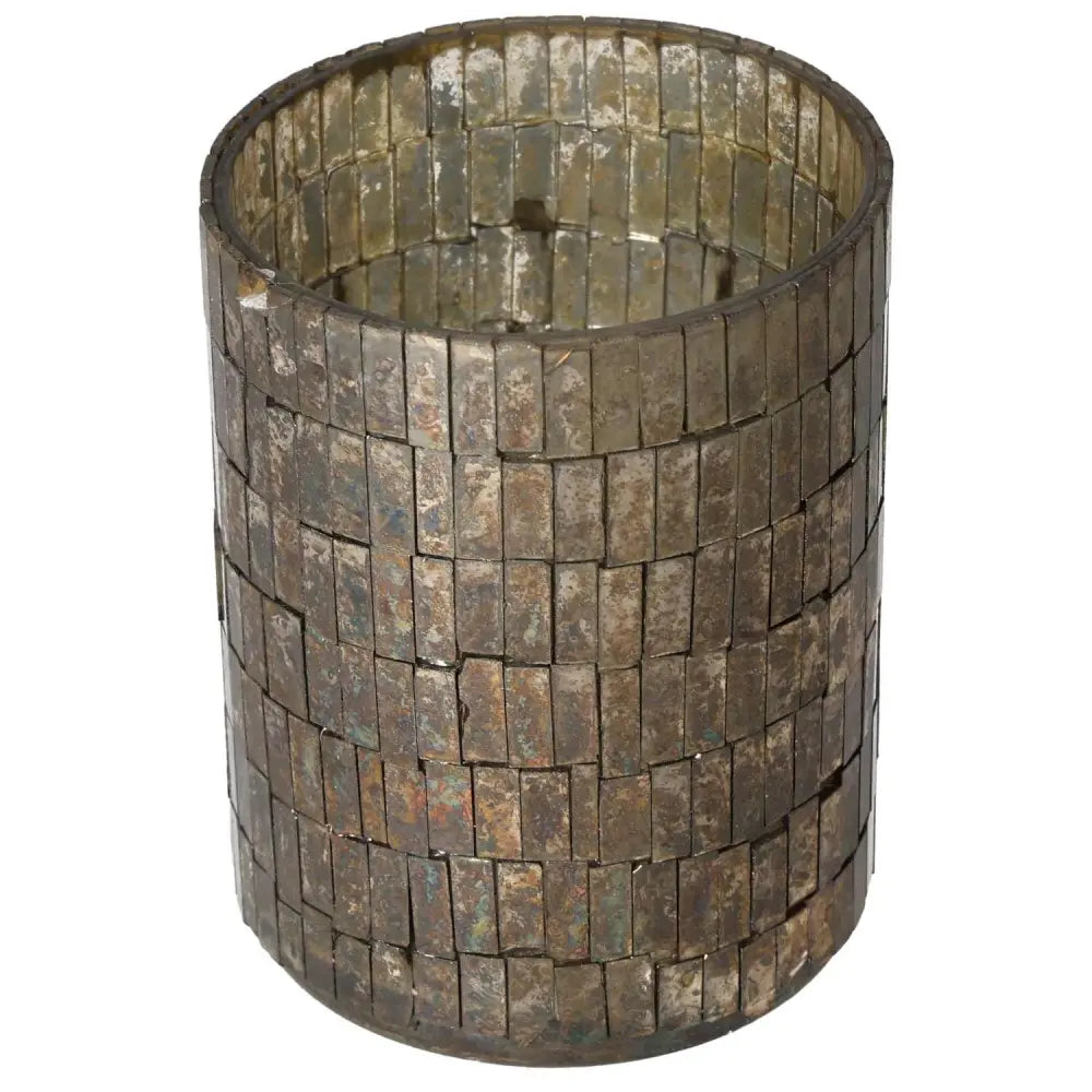Glass lantern in mosaic style, featuring elegant tiles inspired by Sylvia Crystals, embodying luxury and spiritual design.