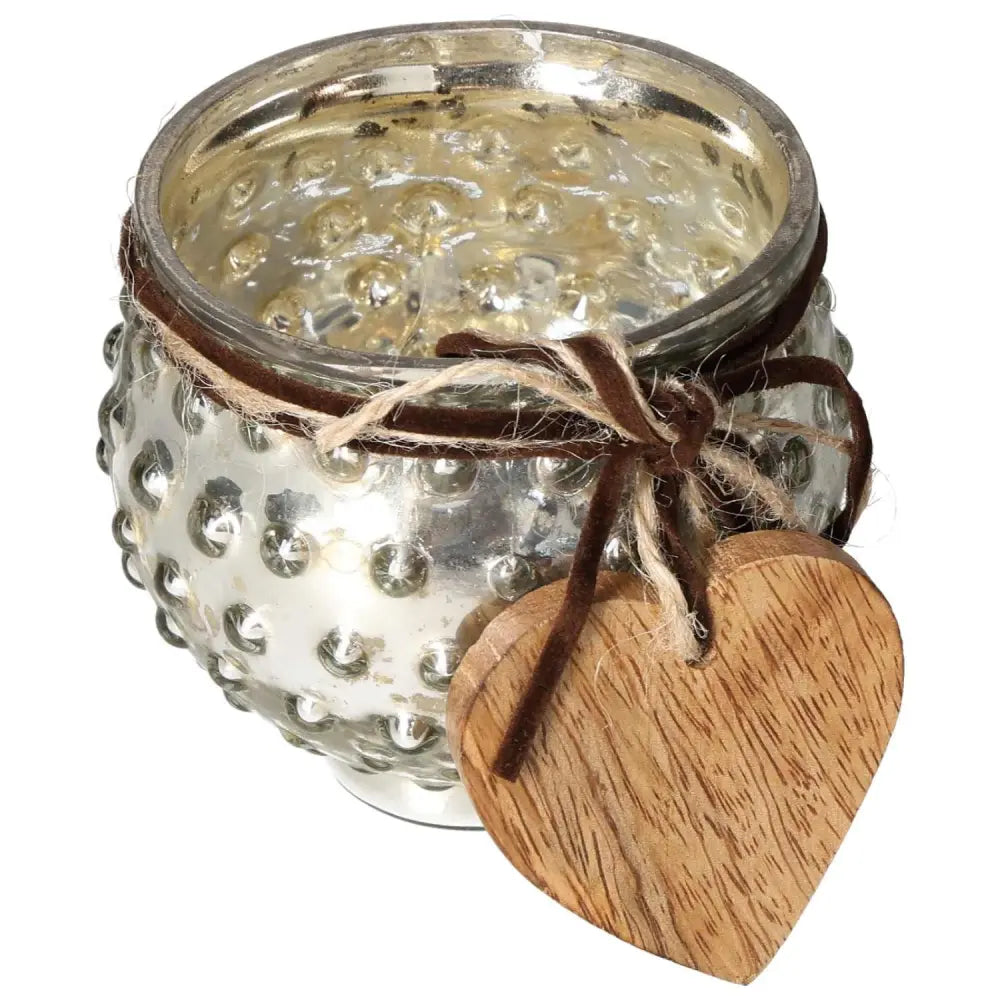 Glass lantern with wooden heart pendant, featuring luxurious design and spiritual essence, from Sylvia Crystals.