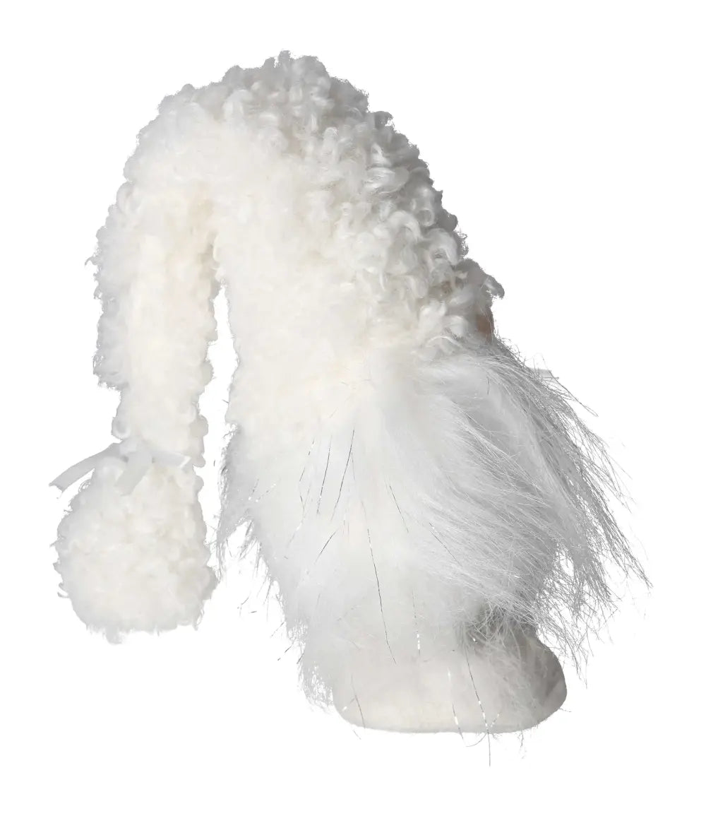 Elegant white textile gnome from Sylvia Crystals, showcasing luxury and sophistication with a fluffy design and delicate details.