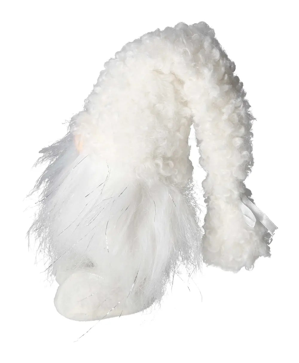 Gnome made of white textile, showcasing luxury design by Sylvia Crystals.