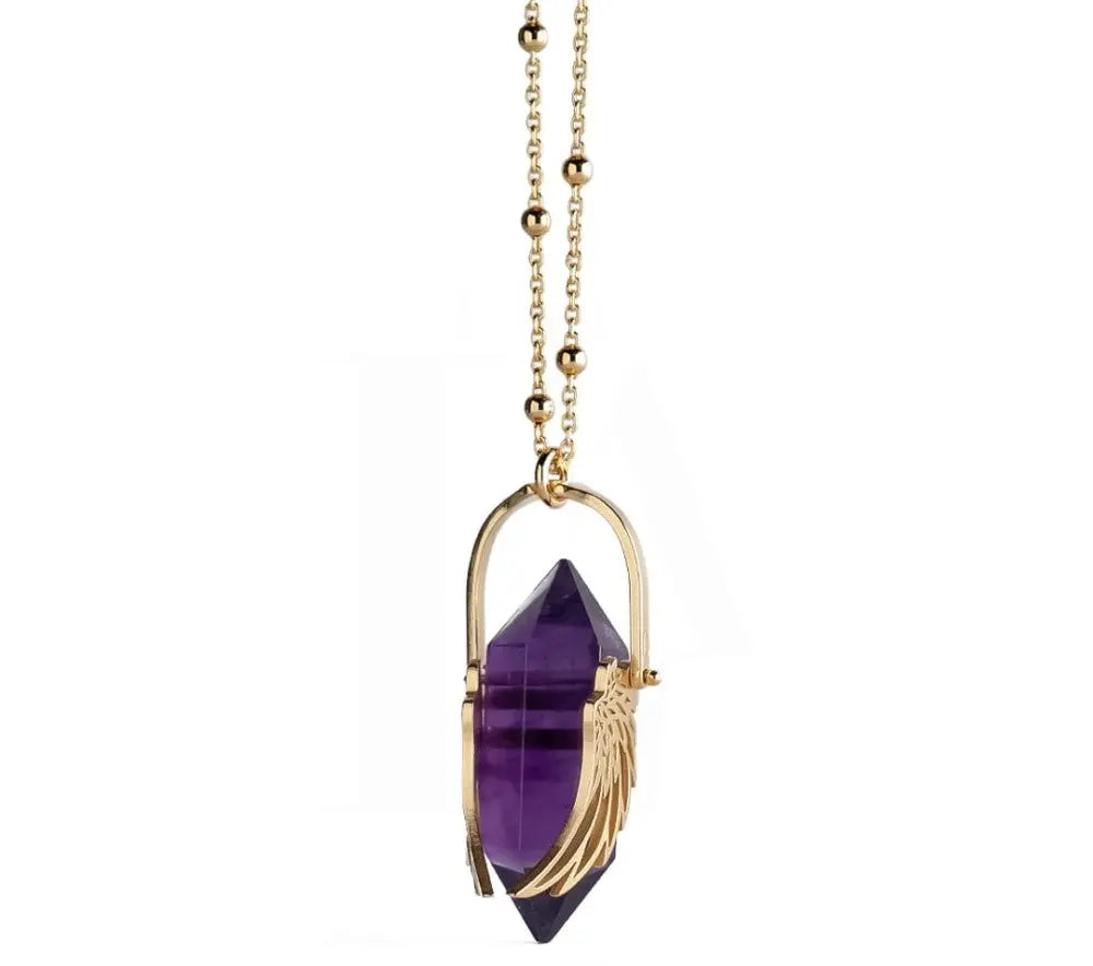 Gold Amethyst Archangel Wings Necklace with angel wing detail on a 50cm chain, combining elegance and tranquility.
