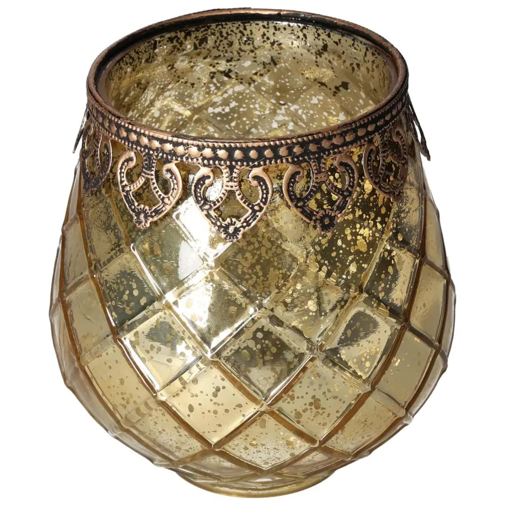 Exquisite Gold Glass Lantern by Sylvia Crystals, showcasing intricate design and timeless elegance for spiritual harmony.