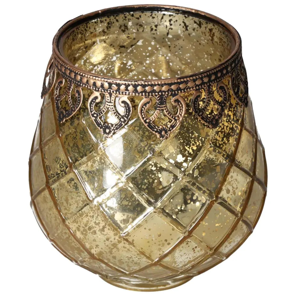 Elegant gold glass lantern with intricate design, exemplifying conscious luxury and spiritual harmony by Sylvia Crystals.