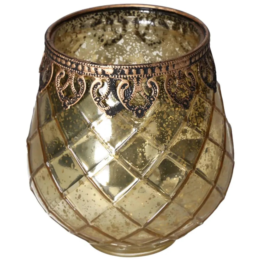 Elegant Gold Glass Lantern with intricate design by Sylvia Crystals, enhancing ambiance and spiritual harmony in style.