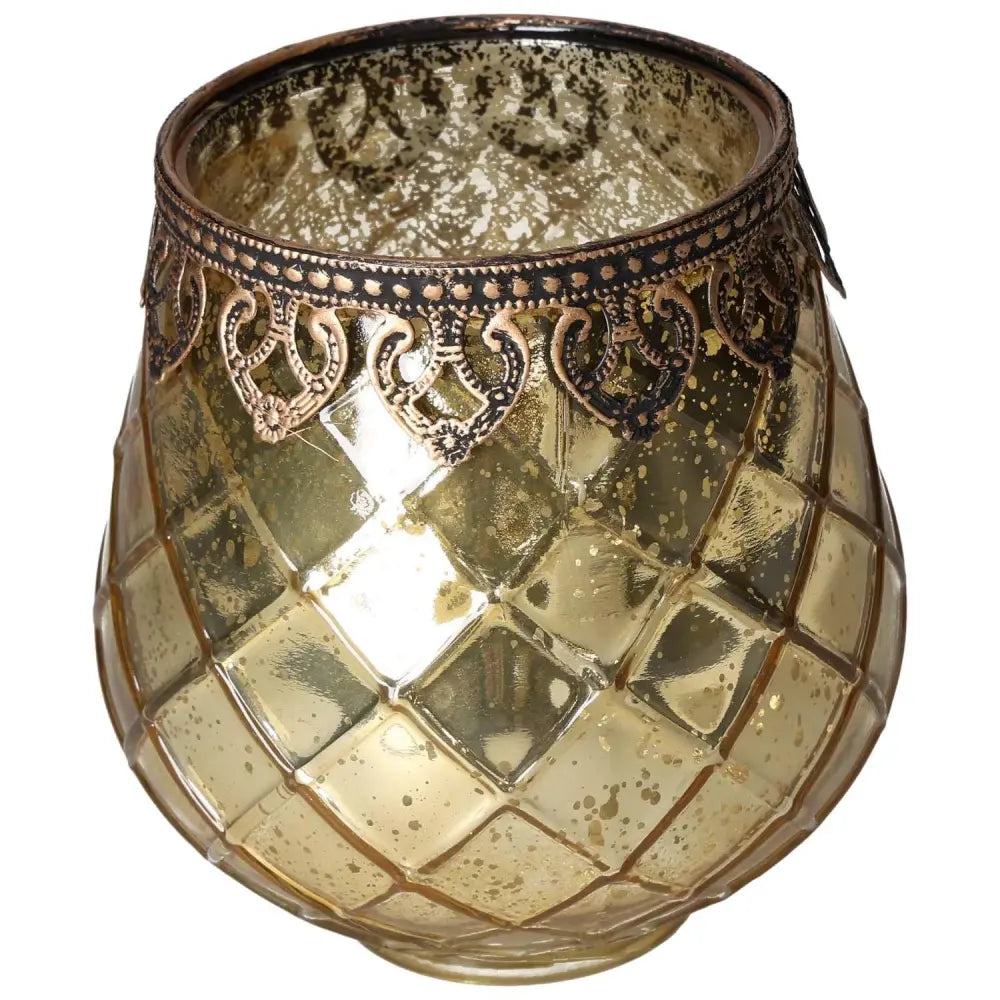Gold Glass Lantern by Sylvia Crystals showcasing intricate patterns and elegant design for luxury and spiritual harmony.