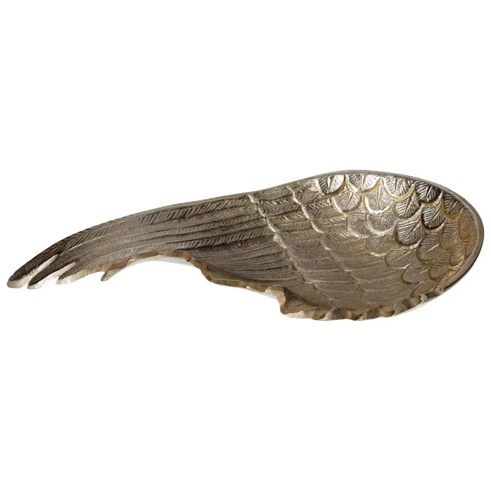 Elegant gold metal angel wing bowl with intricate feather details, decorative accessory for home decor.