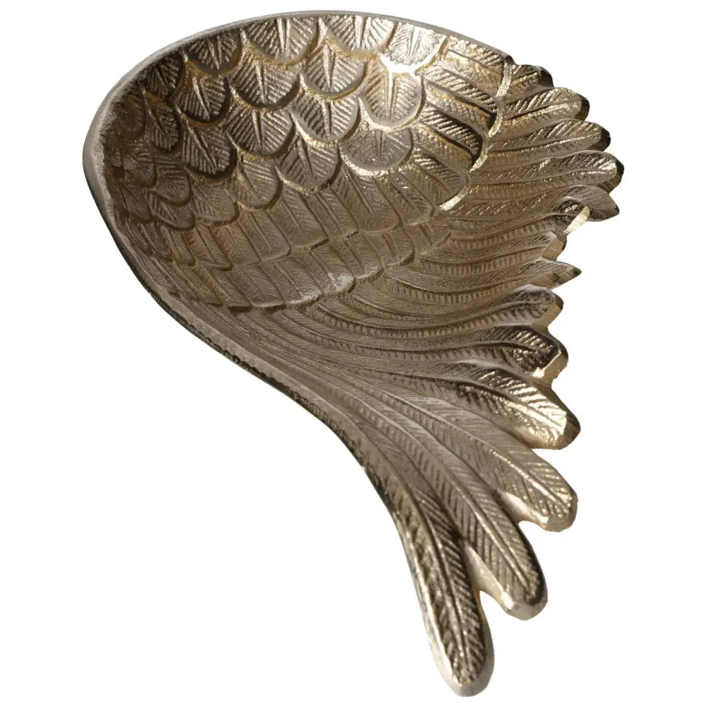 Gold metal angel wing bowl with intricate feather design, home decor centerpiece.