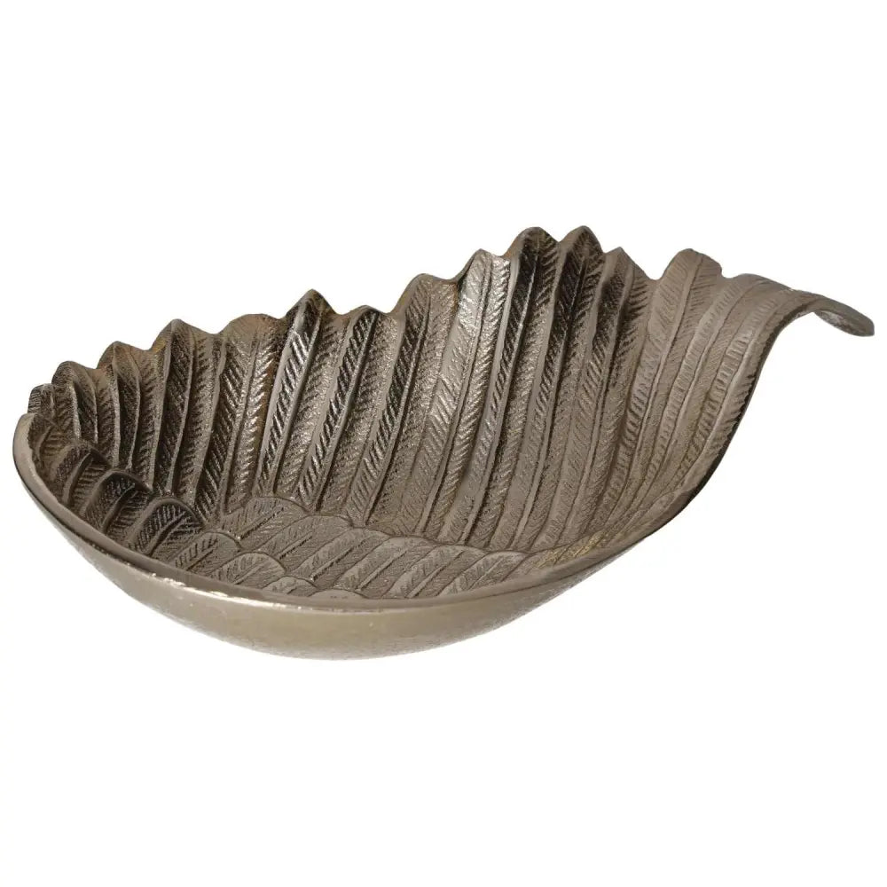 Gold metal bowl shaped like an angel wing with detailed feather pattern, enhancing home décor with elegance and charm.