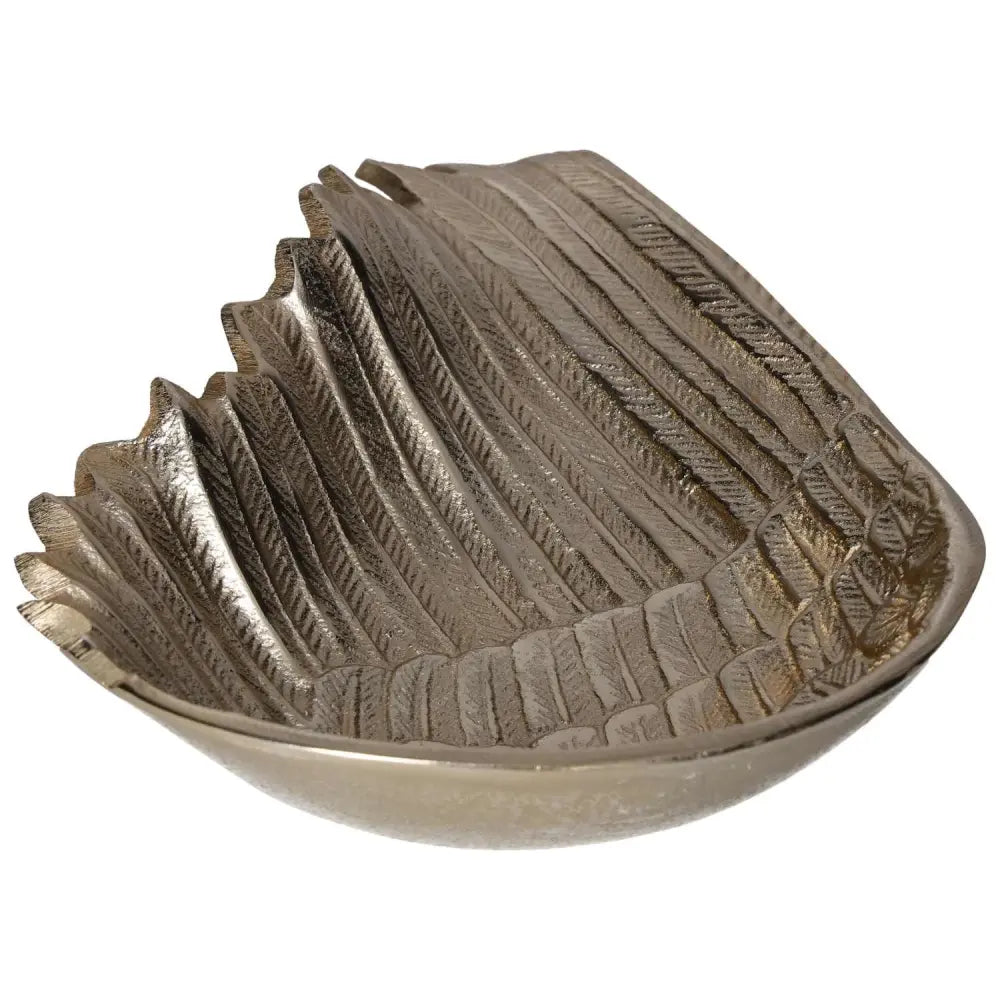 Decorative gold metal bowl shaped like angel wings, ideal for elegant home decor and festive displays.