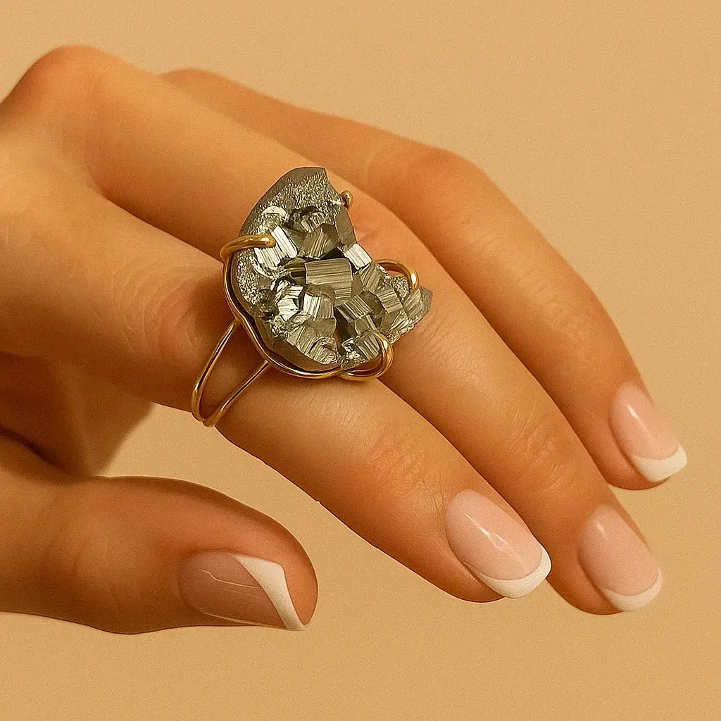Gold Wire Ring with Pyrite Moon Arc – Protection and Lunar Power Sylvia Crystals Sp. z o.o.