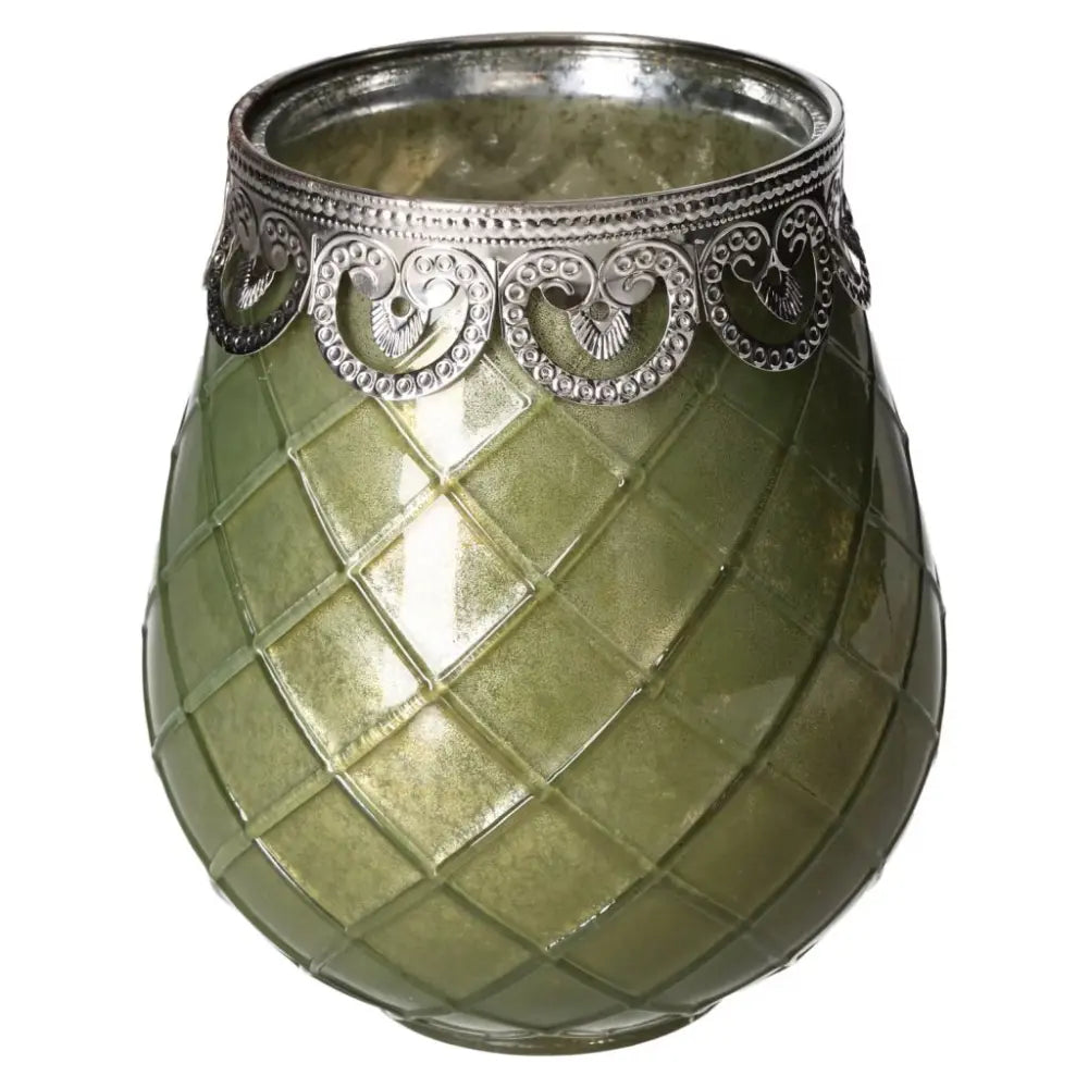 Green Glass Lantern by Sylvia Crystals, featuring intricate silver detailing and a quilted pattern, symbolizing tranquility and elegance.