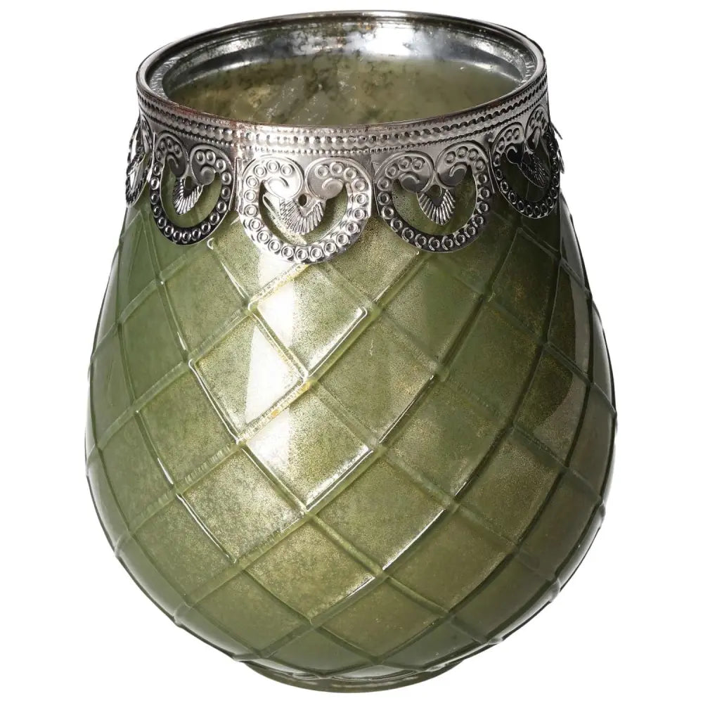 Green glass lantern with intricate silver top, offering elegant and serene ambiance. Crafted by Sylvia Crystals for luxury living.