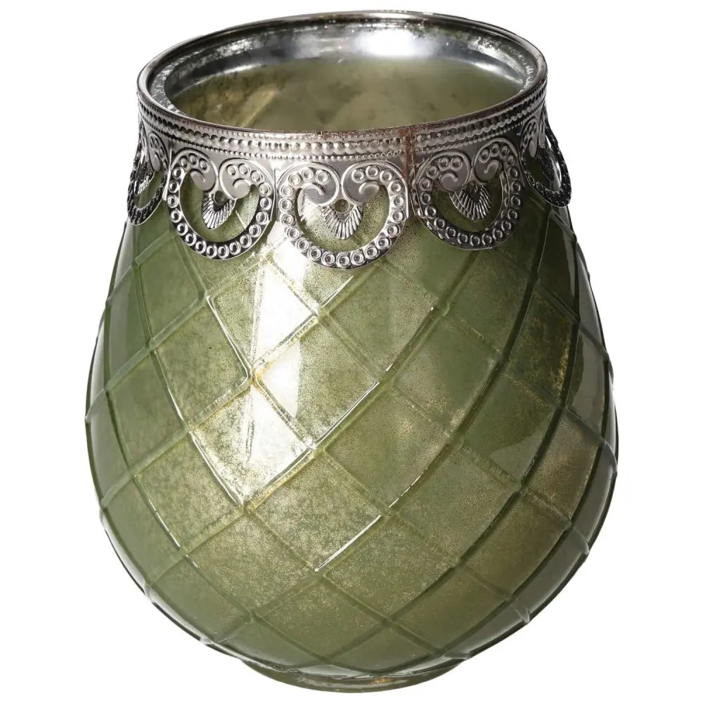 Elegant Green Glass Lantern with ornate silver trim, symbolizing tranquility and luxury by Sylvia Crystals, perfect for serene spaces.