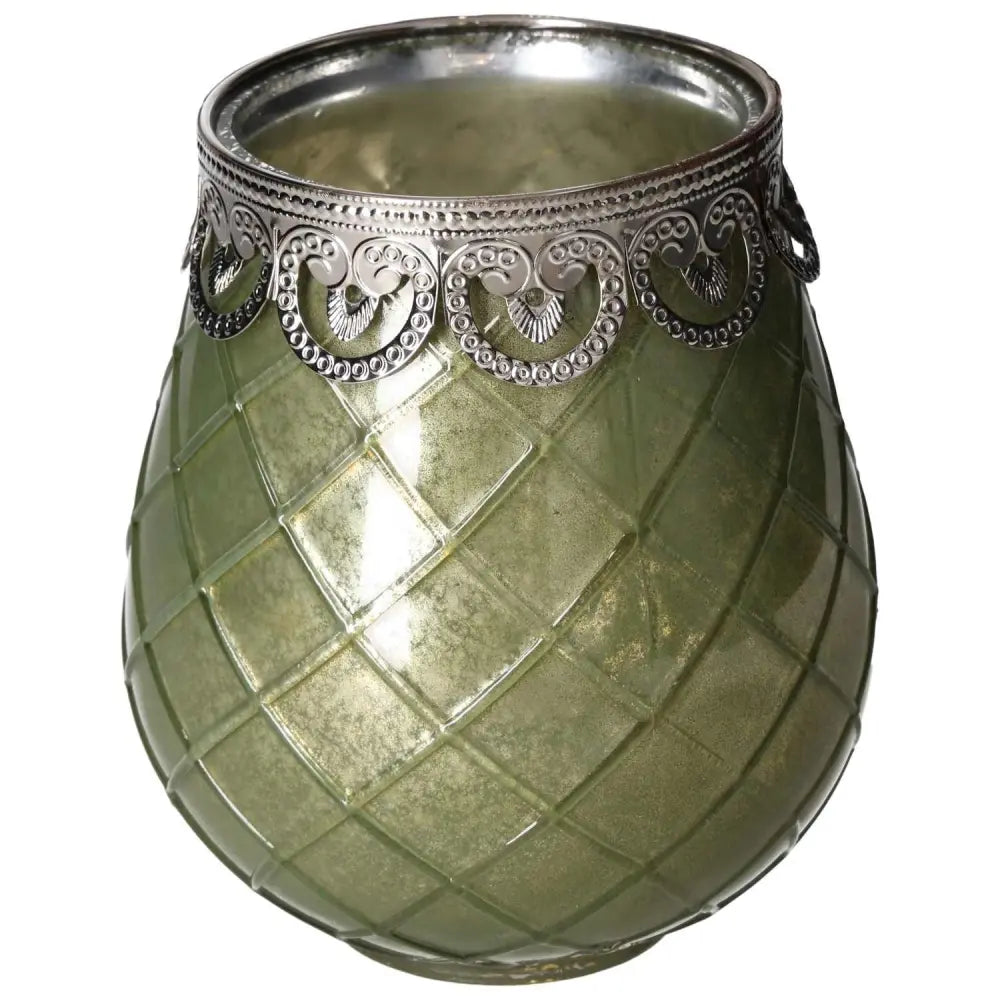 Elegant Green Glass Lantern with intricate silver detailing, symbolizing tranquility and spiritual elegance by Sylvia Crystals.