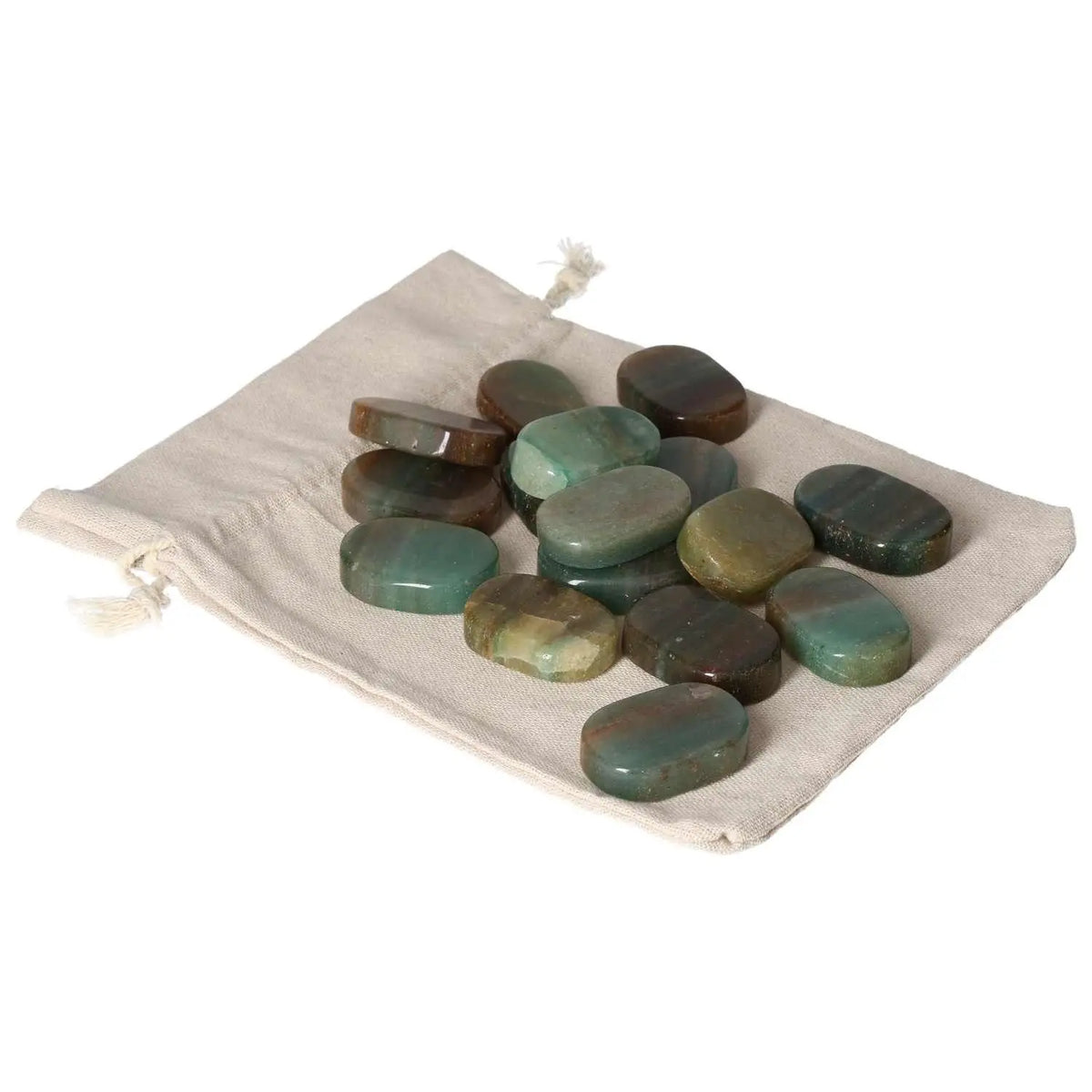 Green Quartz with Hematite thumb massagers on a beige pouch, offering stress relief and spiritual elevation from Sylvia Crystals.