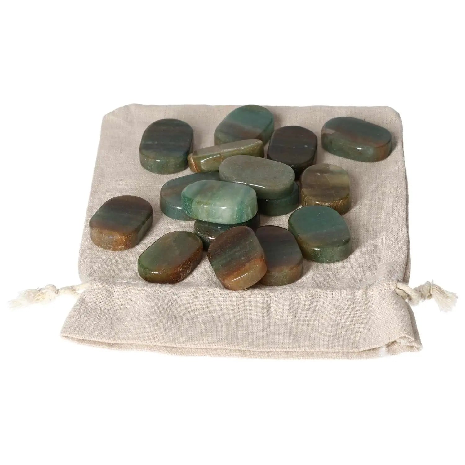 Green Quartz and Hematite thumb massagers on a cotton bag, offering relaxation and spiritual elevation from Sylvia Crystals.