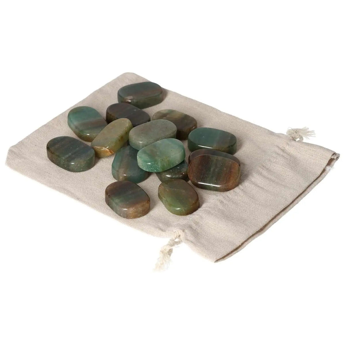 Green Quartz With Hematite Antistress Thumb Massager stones on a beige pouch, for relaxation and spiritual elevation.