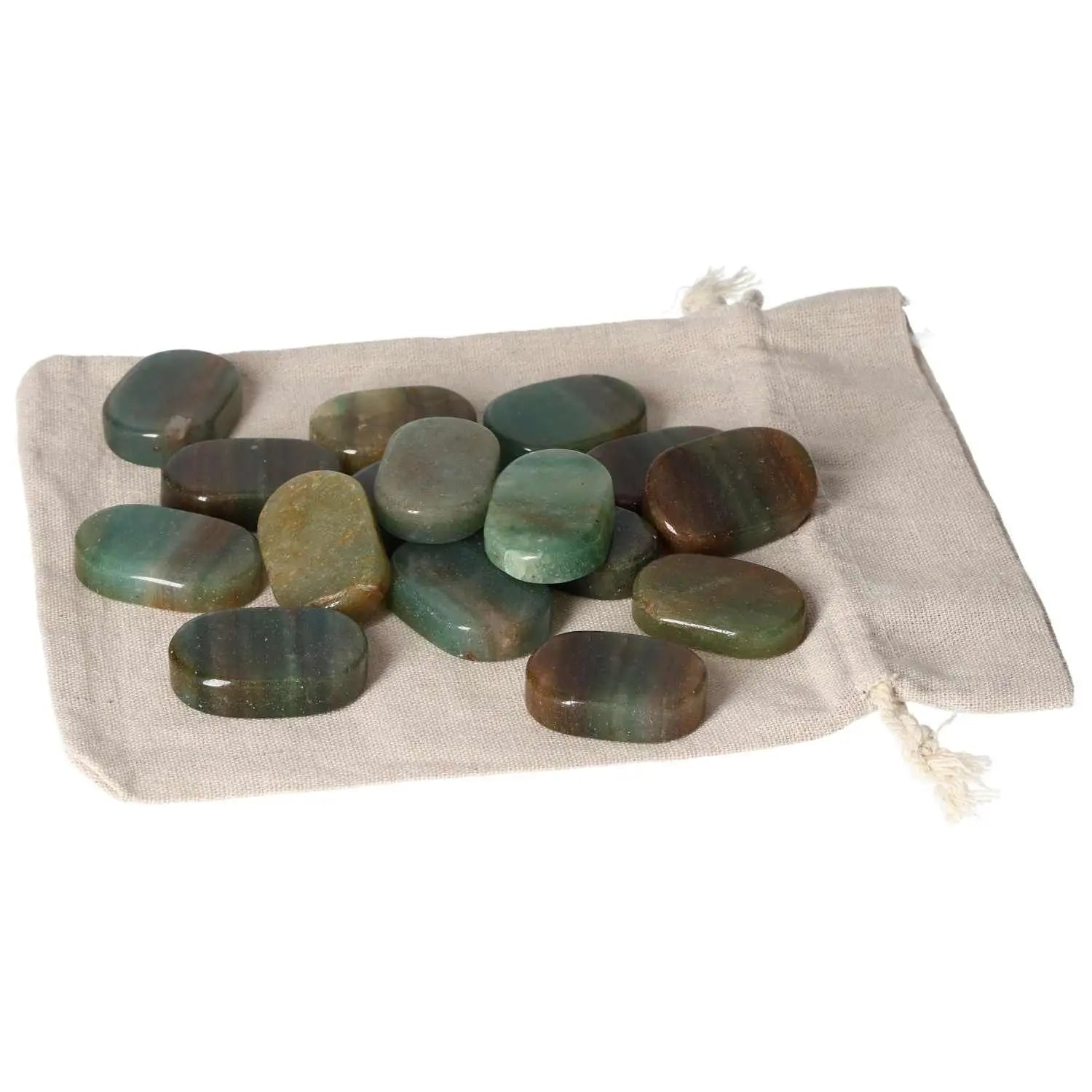 Green Quartz With Hematite Antistress Thumb Massager stones on a beige pouch, ideal for stress relief and relaxation therapy.