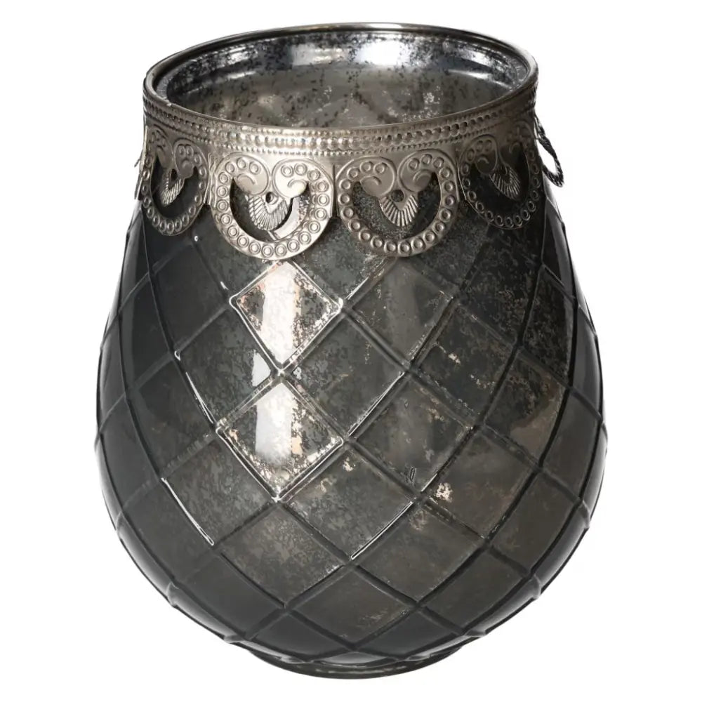 Elegant Grey Glass Lantern with intricate metal trim, designed by Sylvia Crystals for luxury home decor.