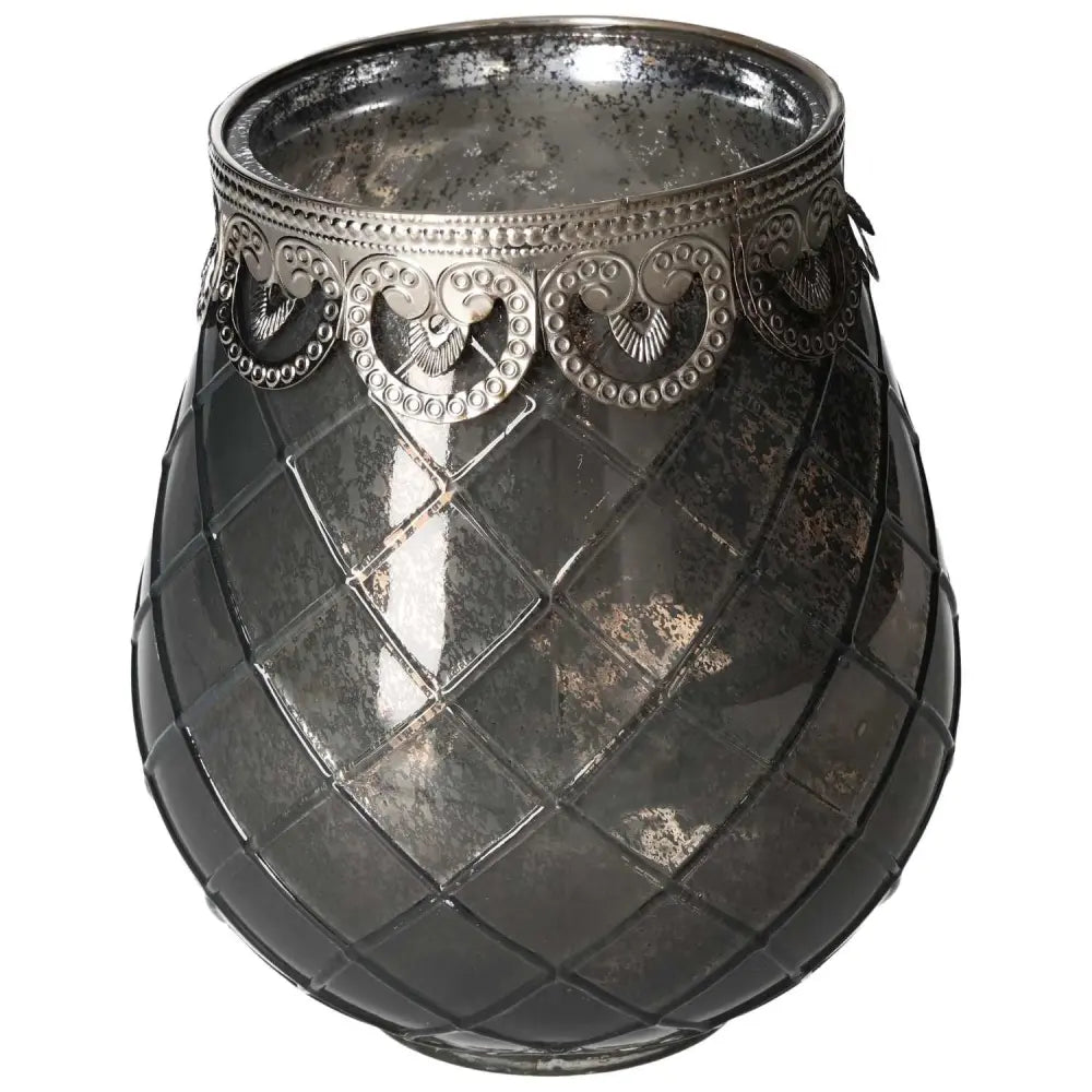 Grey Glass Lantern by Sylvia Crystals, featuring intricate geometric design and metallic accents for luxurious home decor.