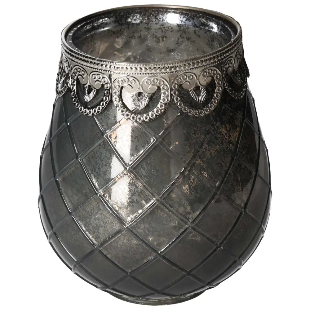 Elegant Grey Glass Lantern with intricate design, embodying luxury and serenity from Sylvia Crystals. Perfect for enhancing any space.