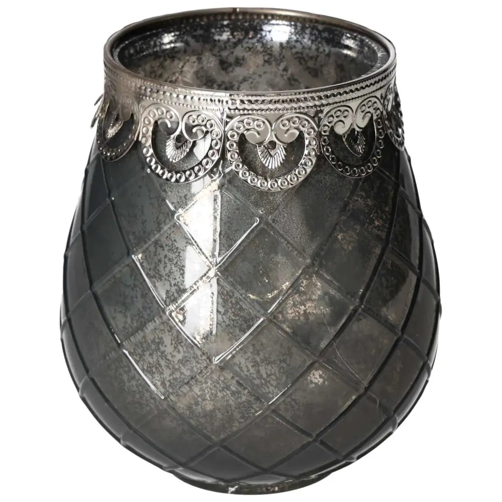 Elegant Grey Glass Lantern with intricate silver detailing, from Sylvia Crystals, blending luxury with conscious living, inspired by divine geometry.