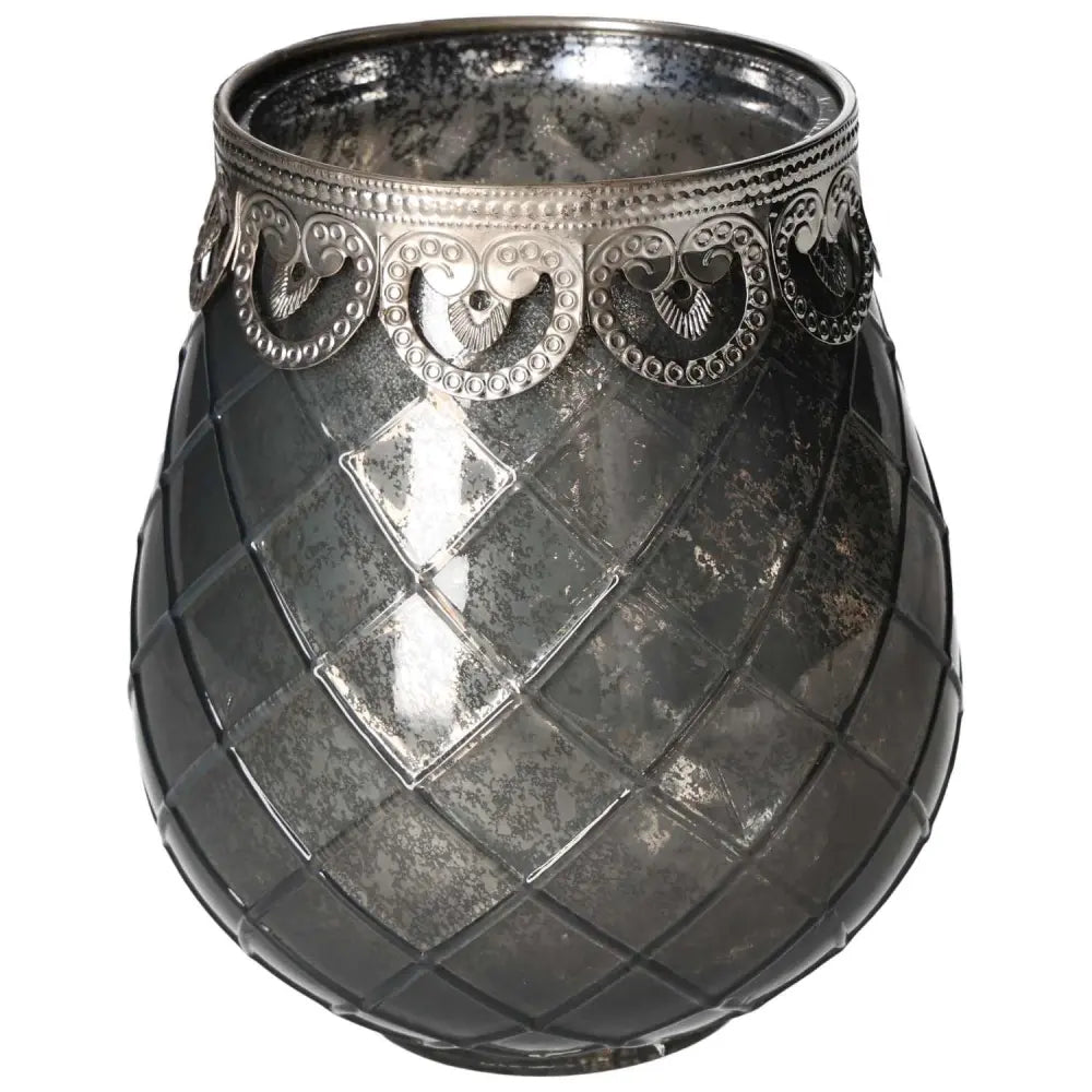 Grey Glass Lantern from Sylvia Crystals with intricate geometric design and ornate silver detailing, perfect for elegant home decor.