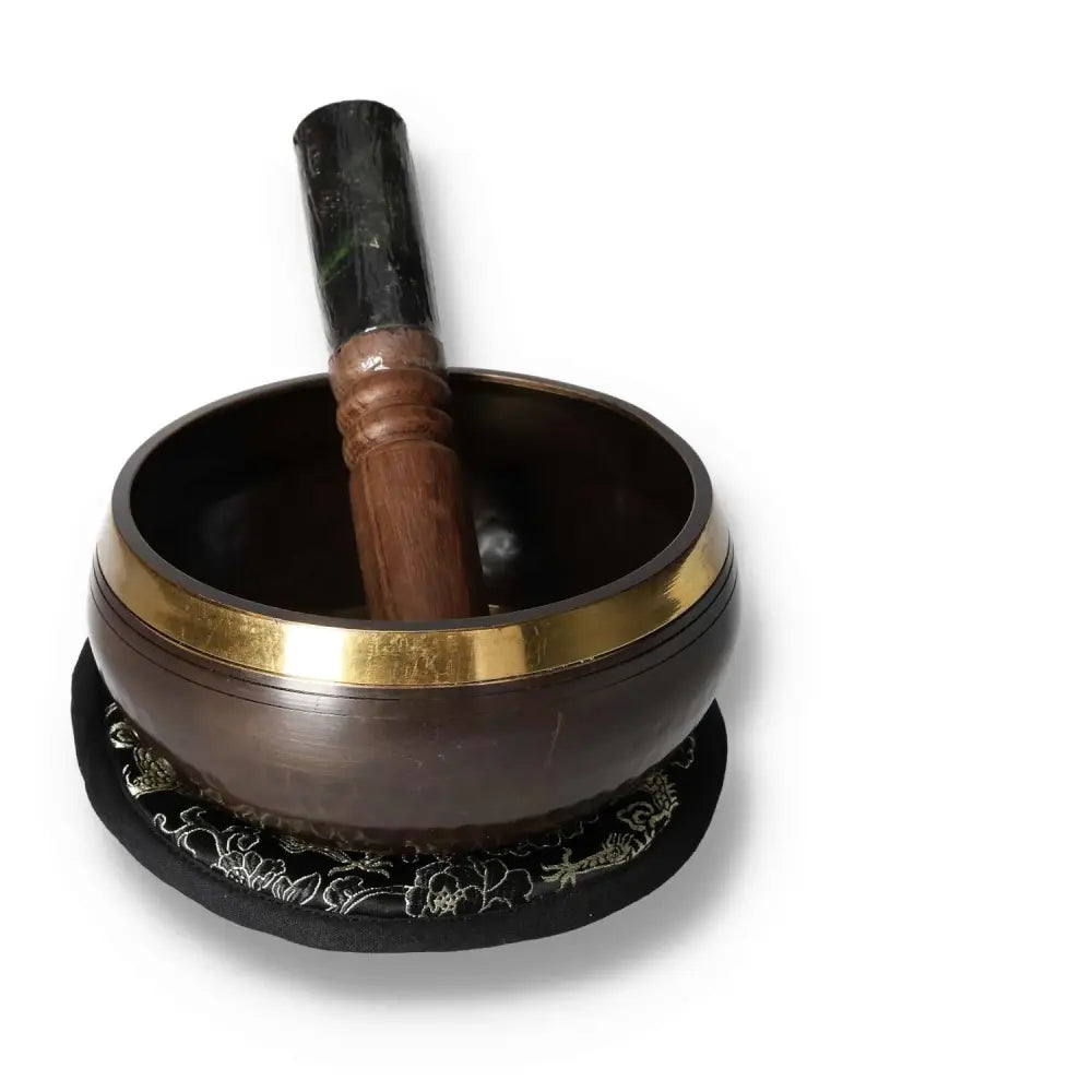 Hand-beaten engraved singing bowl gift set with lotus design, 14cm, featuring a wooden mallet and cushion.