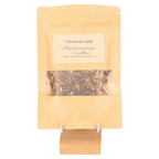 Black Gold incense blend packaging showcasing calming ingredients like styrax, bay leaf, and sandalwood for relaxation.