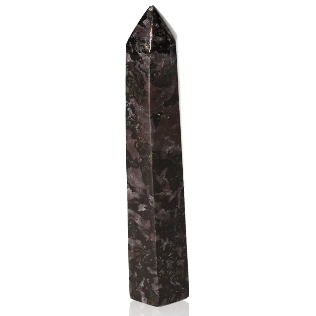 Indigo Gabbro Tower crystal stone with black and indigo swirls for intuition and spiritual growth, also known as Mystic Merlinite.