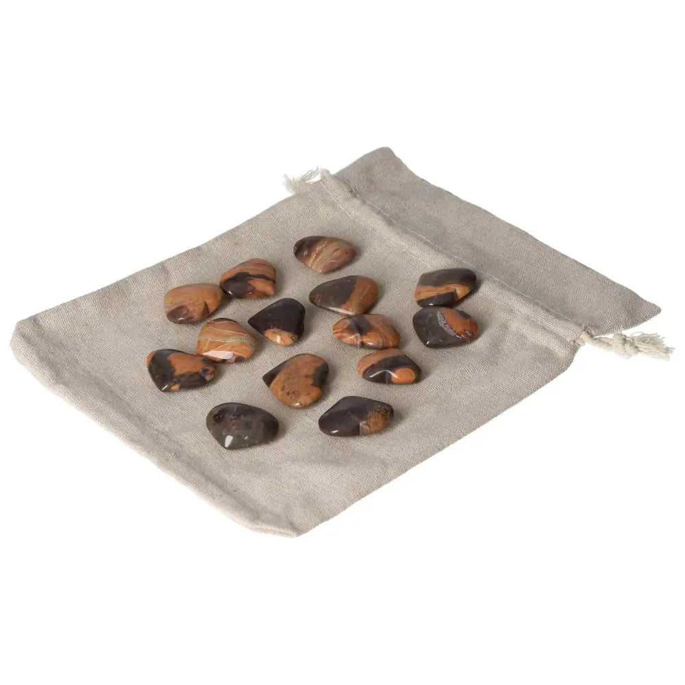 Jasper Tiger Small Heart stones on a cloth bag, promoting harmony, stress relief, and positive energy for well-being and determination.