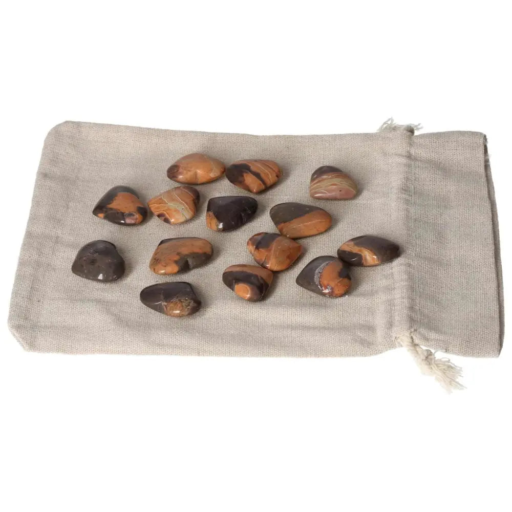 Jasper Tiger Small Heart stones on linen pouch; promotes harmony, reduces stress, enhances well-being and strengthens willpower.