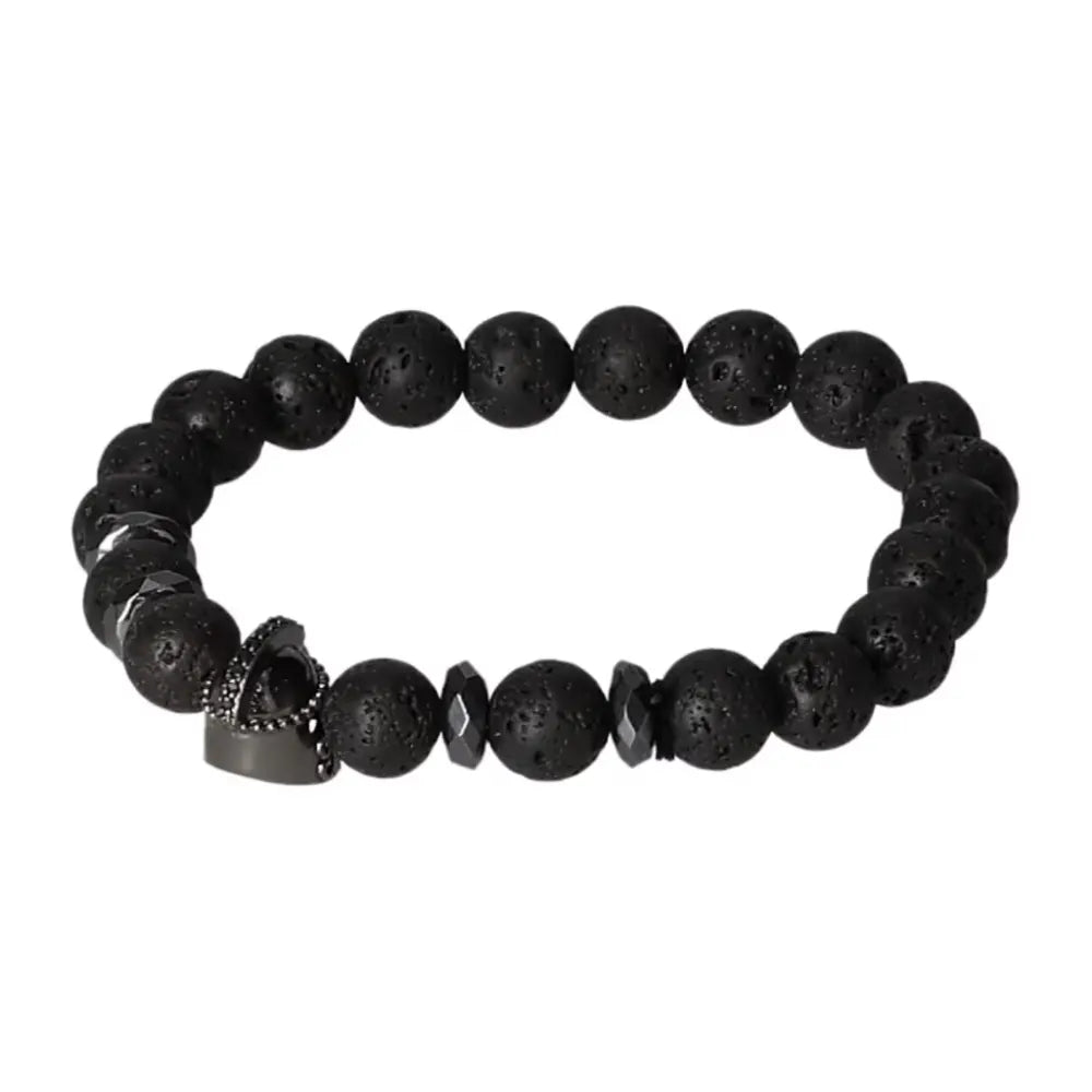 Knight's Helmet Lava Stone Gemstone Bracelet by Sylvia Crystals, featuring black lava stones and a metal helmet charm for an elegant look.