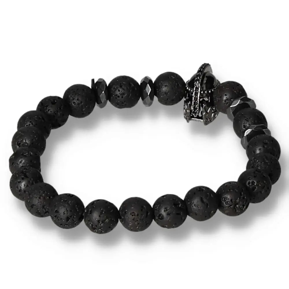 Knight's Helmet Gemstone Bracelet with Lava Stones, featuring a charming knight's helmet charm, crafted by Sylvia Crystals.
