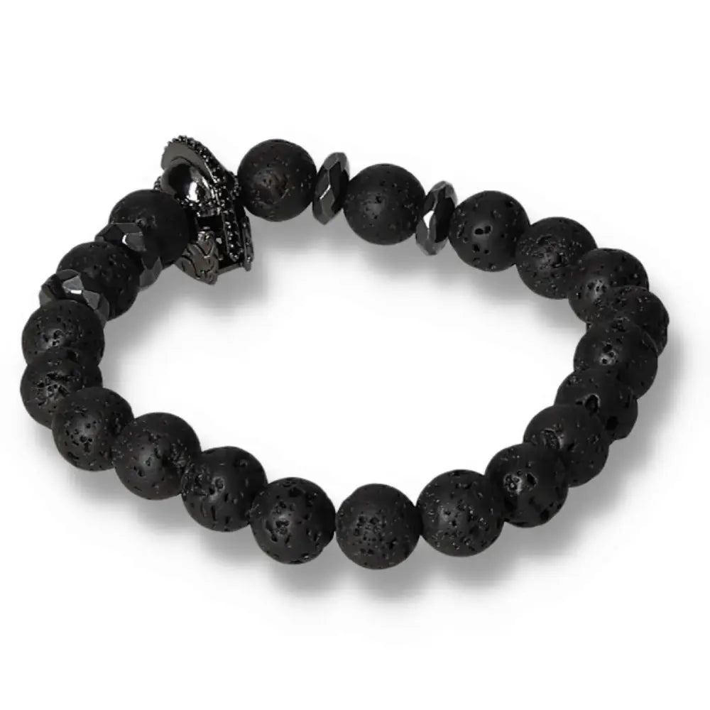 Knight's Helmet Lava Stone Gemstone Bracelet with knight charm and lava stones by Sylvia Crystals, showcasing elegant rugged design.