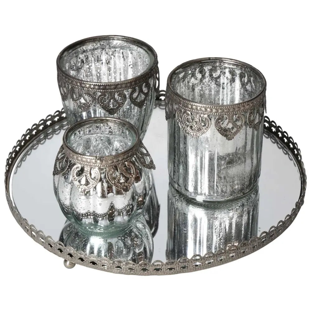 Lantern Set on Silver Mirror Tray with Metal Rim, by Sylvia Crystals, showcasing elegant and luxurious home decor.