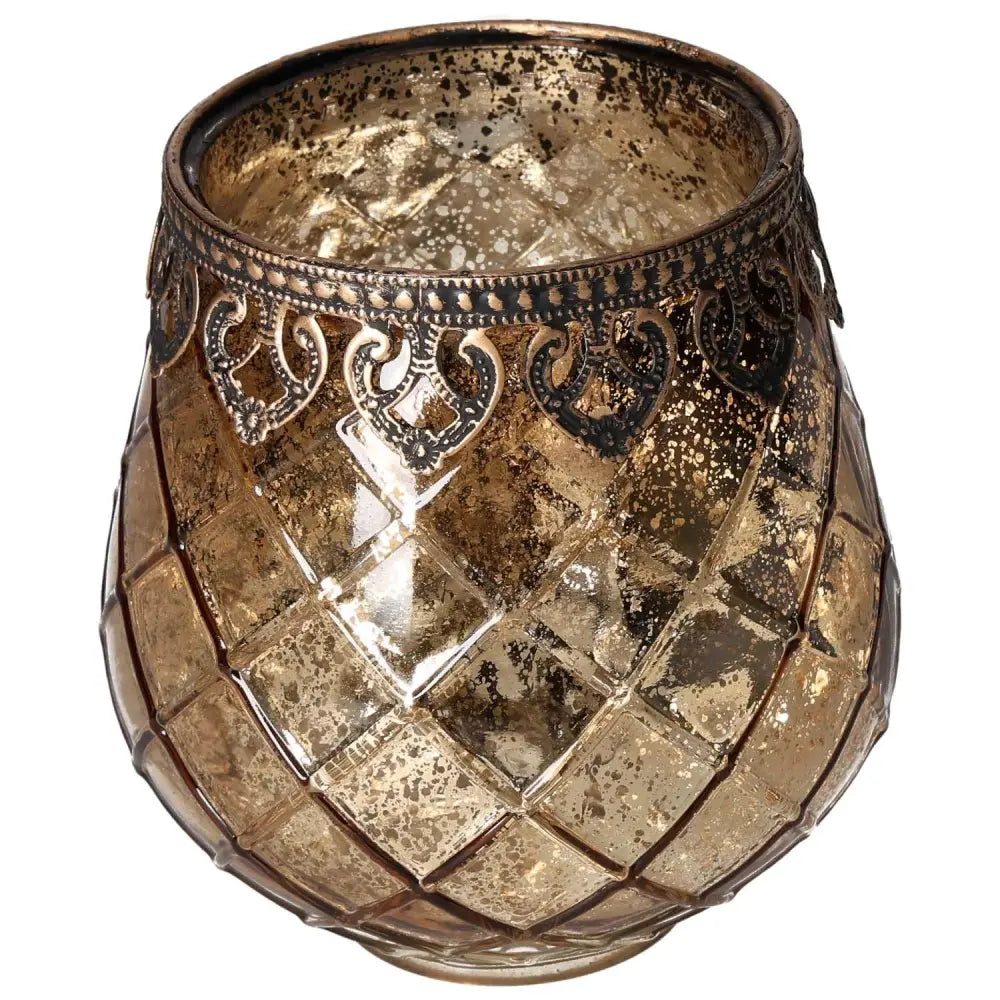 Elegant lantern with intricate metal rim design, showcasing a blend of spirituality and modern style from Sylvia Crystals.
