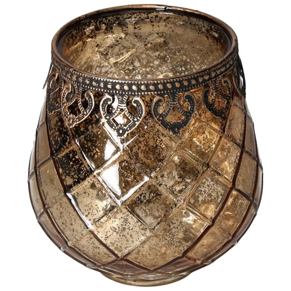 Luxurious lantern with intricate metal rim design and textured glass, perfect for enhancing indoor or outdoor decor.