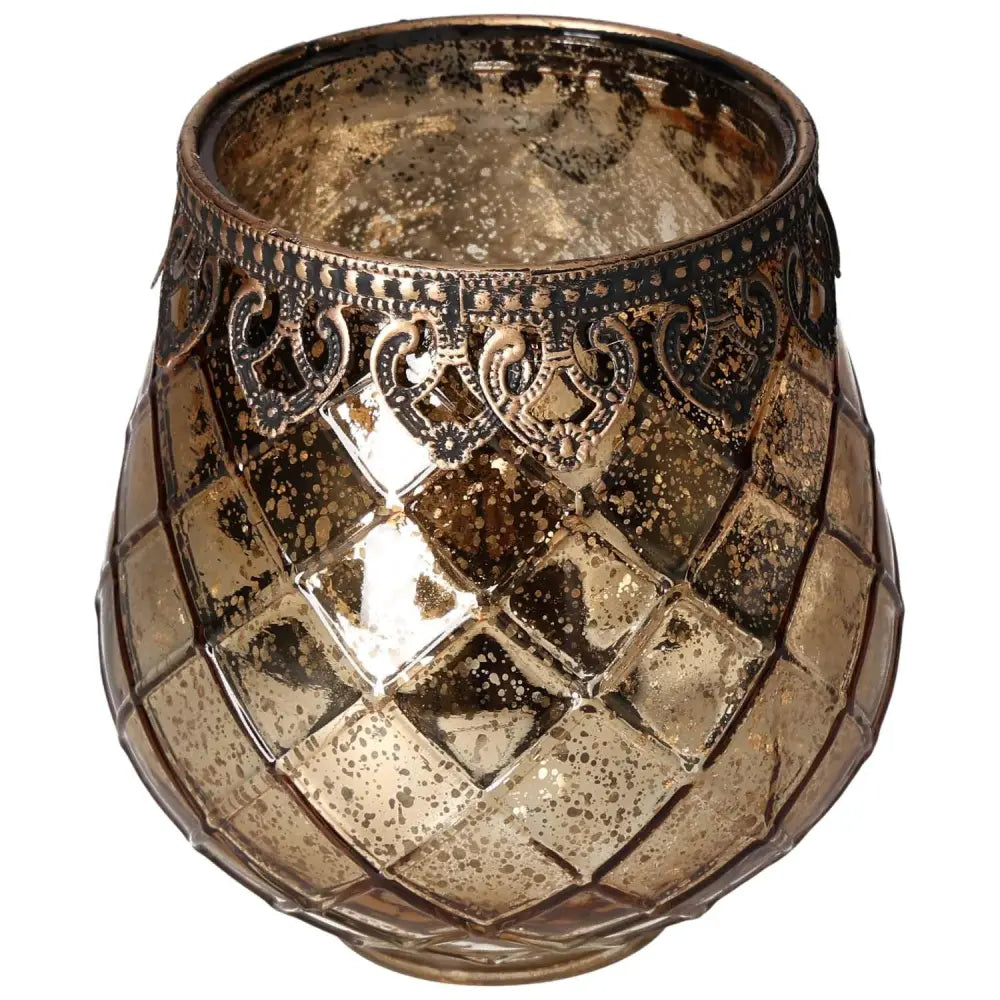 Elegant lantern with embellished metal rim and textured amber glass, perfect for indoor and outdoor decor by Sylvia Crystals.