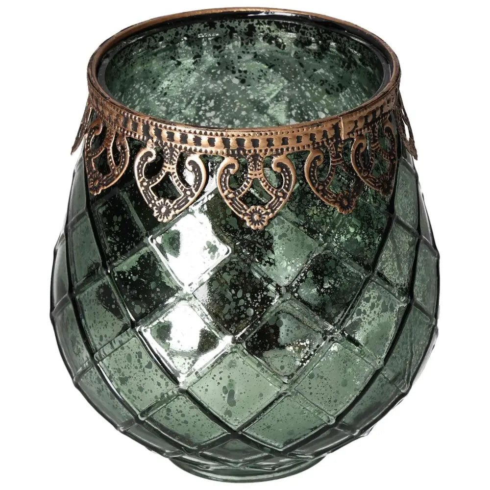 Luxurious glass lantern with metal rim featuring intricate design by Sylvia Crystals, embodying spiritual elegance and modern style.
